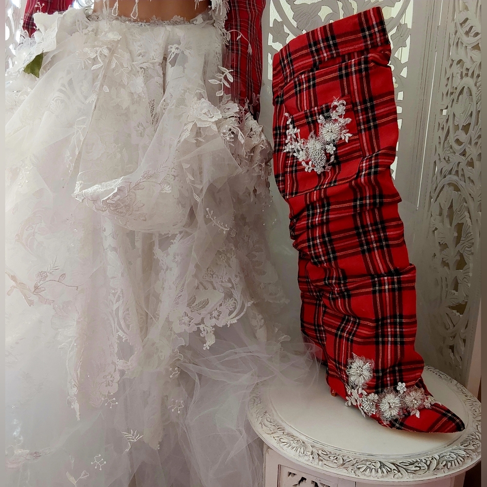 The "MARY STEWART" Scotland Inspired Red Plaid & Lace Thigh Boots